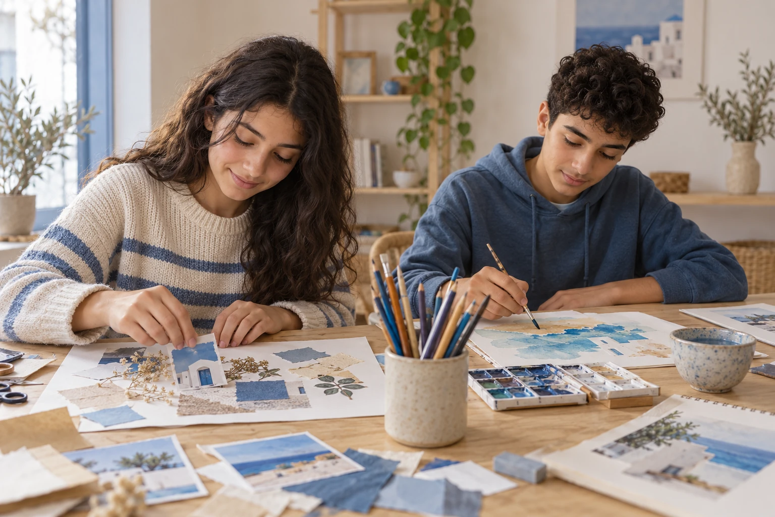 مراهقان يكتشفوا الرسم والكولاج في نشاط إبداعي